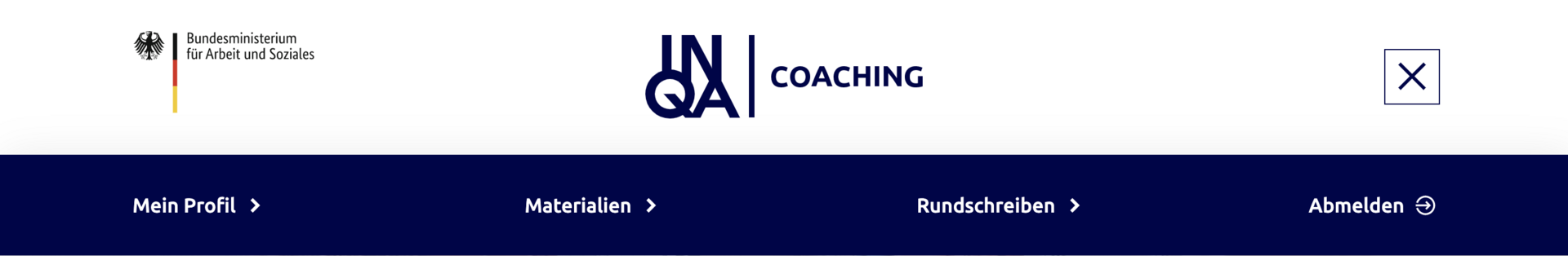 Kopfbereich der Internetseite INQA-Coaching mit Meta- und Hauptnavigation